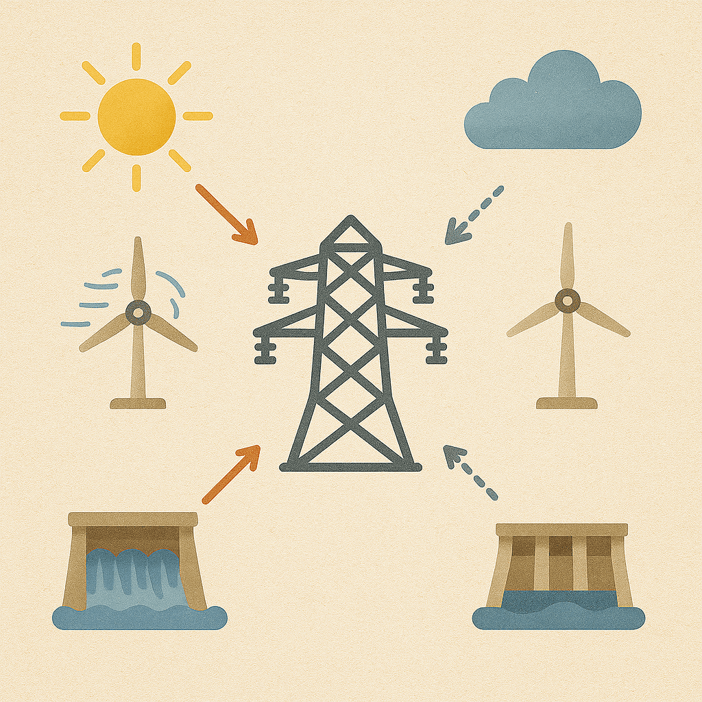 Diagrama ilustrado con una torre eléctrica central conectada a iconos de sol, turbina eólica en movimiento y presa llena de agua a la izquierda, y nube, turbina parada y presa vacía a la derecha, representando el impacto de las condiciones climáticas en la red de electricidad.
