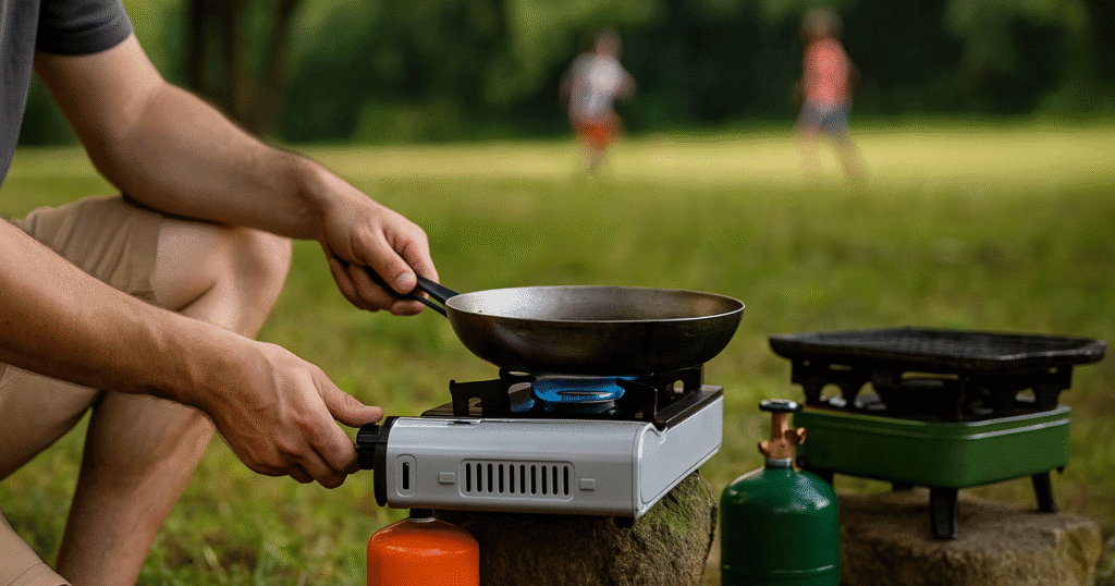 Persona cocinando con un hornillo de gas portátil en un entorno de camping, mientras niños juegan desenfocados al fondo.
