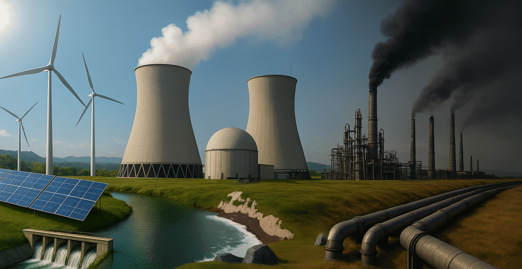Formas de generar electricidad: a la izquierda energías renovables como placas solares, turbinas eólicas y una presa hidroeléctrica; en el centro una planta nuclear; a la derecha una central térmica de gas y carbón bajo un cielo contaminado.